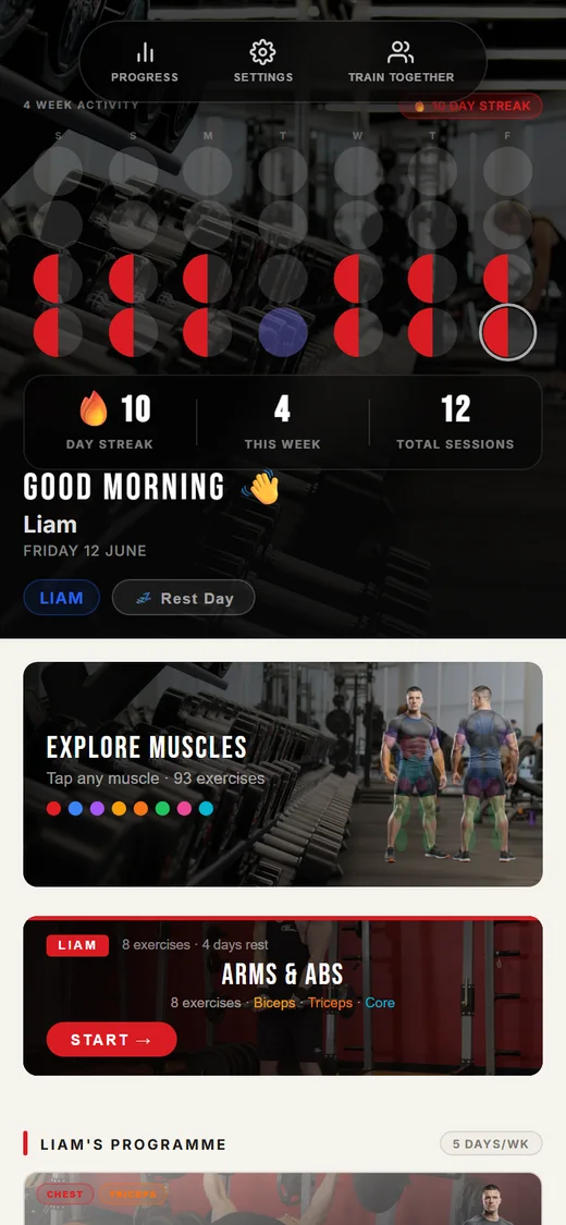 GetItDone home screen — streak, activity calendar and today's workout