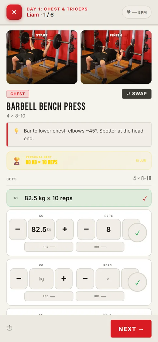 Live workout — form photos, target reps, logging sets